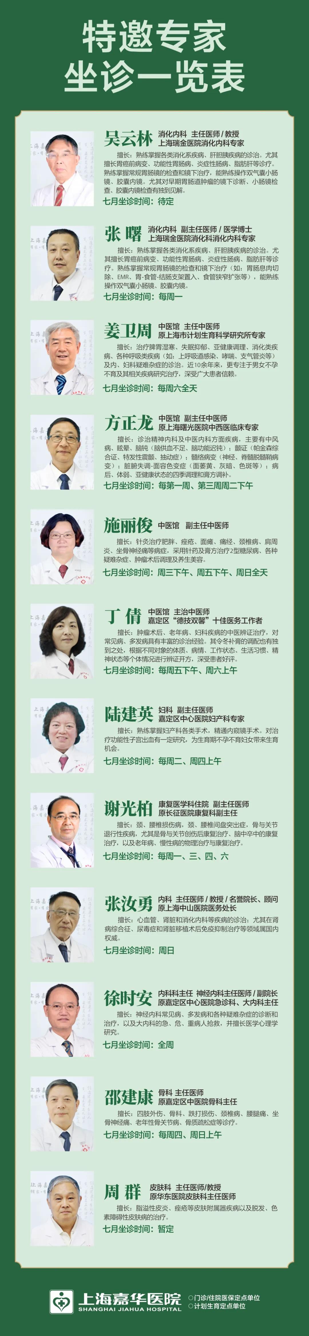七月份嘉华医院特聘专家坐诊一览表！可提前预约